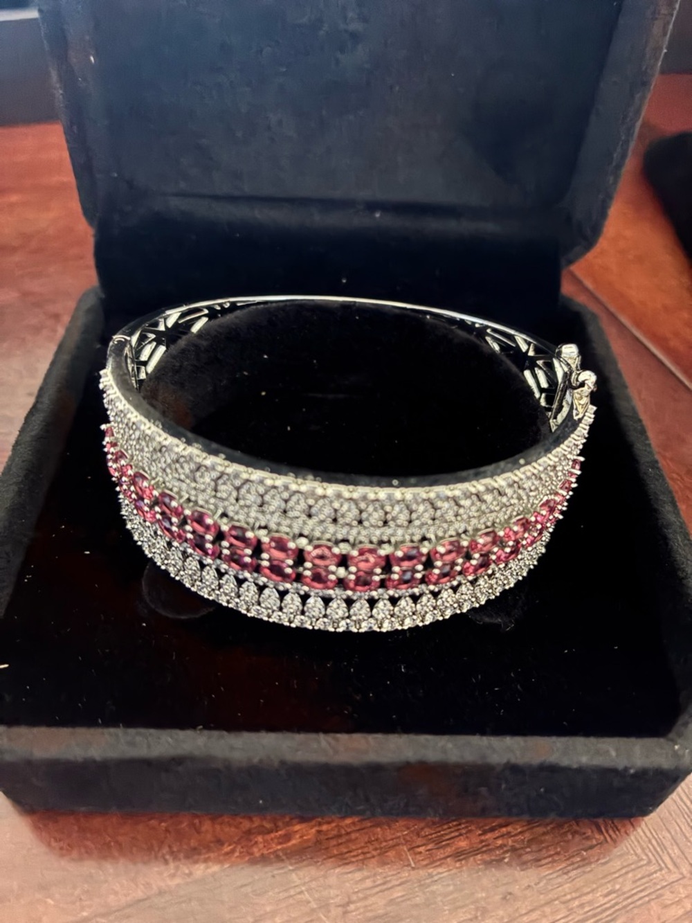 Sparkling Pink & Silver tone CZ Cuff Bracelet - Elegant Women’s Jewelry